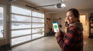 A homeowner using a smartphone app to check and control a smart garage door opener during a Canadian winter.