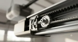 Close-up view of the durable, steel-reinforced rubber belt mechanism inside a quiet garage door opener.