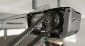 Close-up view of the durable steel-reinforced rubber belt mechanism on a belt drive garage door opener.