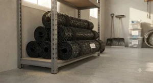 Rolled-up rubber traction mats stored neatly in a garage as the winter season ends.