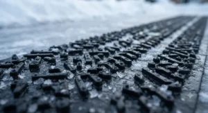 Close-up view of the rugged, non-slip textured surface of a traction mat designed for winter driveways.