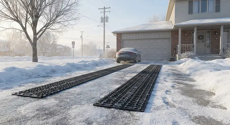 Heavy-duty traction mats laid across a snow-covered and icy Canadian driveway to prevent slips. traction mats for icy driveway