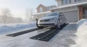 Effective traction mats providing secure vehicle grip on a steep, ice-covered residential driveway.