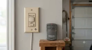 Traditional garage door opener wall switch and handheld remote control clicker used in Canadian homes.