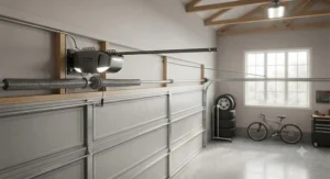 Space-saving wall-mount garage door openers installed in a Canadian garage with high ceilings