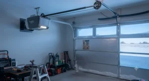 Space-saving wall-mounted garage door opener installed in a residential Prairie garage.