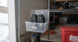 Pair of winter boot cleats and ice grippers hanging in a garage ice and snow safety kit.