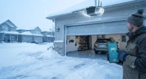 A smart garage door opener operating reliably during a cold Canadian winter day with snow on the driveway.