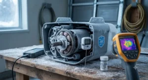 Illustration of a winter-tested garage door opener motor designed for sub-zero temperatures.