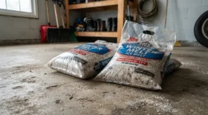 Heavy-duty storage bags comparing calcium chloride vs rock salt ice melt stacked in a garage.