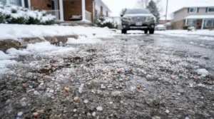A close-up view showing calcium chloride vs rock salt ice melt clearing snow from a residential suburban driveway in winter.