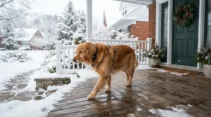 A homeowner checking paw safety after applying calcium chloride vs rock salt ice melt on steps.