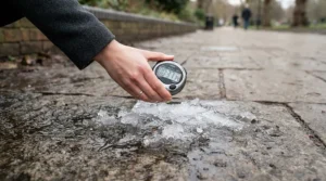 A stopwatch timing test showing calcium chloride vs rock salt ice melt dissolving thick sidewalk ice.