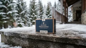 A container of chloride-free eco-friendly ice melt sitting on frozen stone steps during a frosty morning
