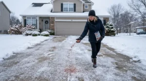 A homeowner applying eco-friendly ice melt to a residential driveway during a winter snowfall in Canada