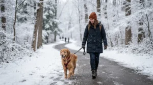 A happy dog walking safely on a snowy sidewalk treated with eco-friendly ice melt