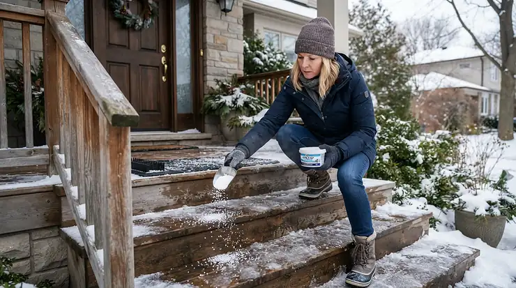 Clearing frozen front porch steps with eco-friendly ice melt on a Canadian winter day