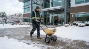 Maintenance worker applying bulk eco-friendly ice melt products on a commercial pathway