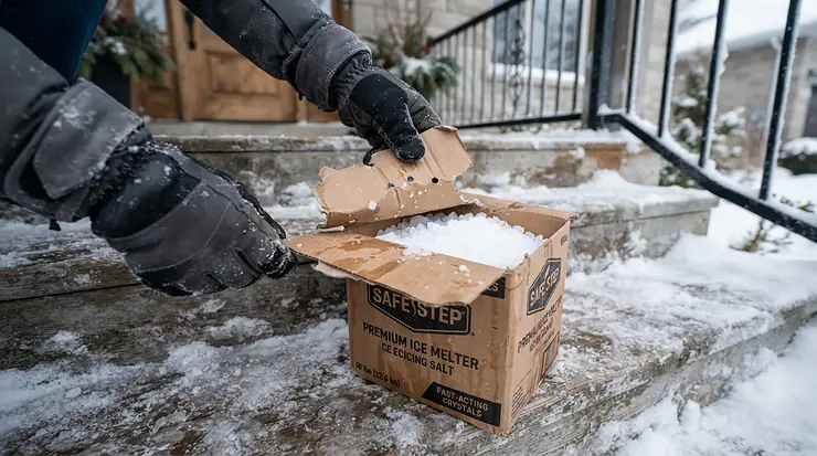Low-chloride eco-friendly ice melt products protecting concrete steps from winter damage