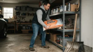 Dog owner storing eco-friendly ice melt products safely in a suburban garage