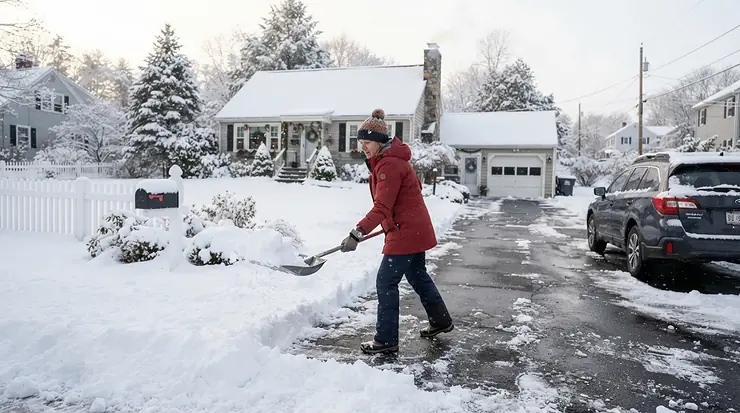 An illustration comparing eco-friendly ice melt vs traditional rock salt on a snowy suburban driveway in Toronto.