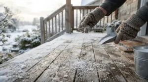 Applying eco-friendly ice melt vs traditional rock salt on an icy front porch in Ottawa.