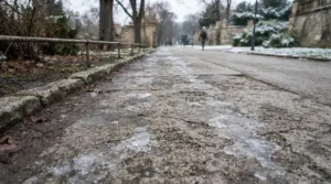 Visualizing surface wear from eco-friendly ice melt vs traditional rock salt on commercial sidewalks.