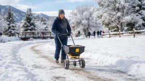 Using a rotary spreader to test eco-friendly ice melt vs traditional rock salt on a long Edmonton pathway.