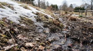 Observing spring runoff effects of eco-friendly ice melt vs traditional rock salt near Winnipeg flower beds.