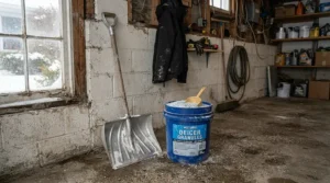 Storing a bucket of eco-friendly ice melt in a garage next to winter snow removal tools