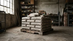 A large pallet of ice melt for driveways stored neatly inside a residential garage.