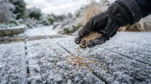 Applying chloride-based ice melt for driveways across an icy residential parking area.