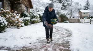 A homeowner using ice melt for driveways during a heavy snowstorm to clear a path.