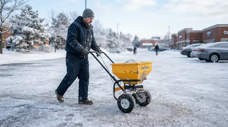 Using a wheeled drop spreader to distribute ice melt for driveways efficiently.