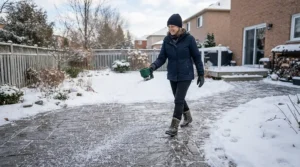 Clearing a frost-covered backyard stone patio using a recommended ice melt for interlocking pavers.