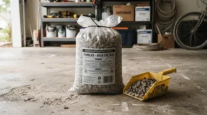 A standard bag of ice melt for interlocking pavers displayed on a garage floor next to a spreading scoop.
