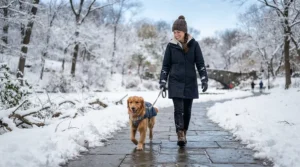 A dog walking safely on a cleared pathway treated with gentle ice melt for interlocking pavers.