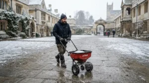 Using a wheeled push spreader to distribute eco-friendly ice melt for interlocking pavers evenly across a large courtyard.