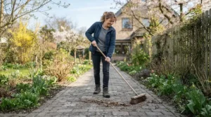 Sweeping away remaining granules after winter season using gentle ice melt for interlocking pavers.
