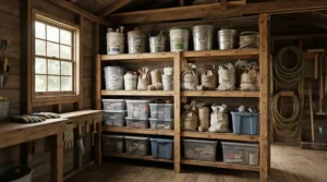 Properly sealed containers of ice melt for interlocking pavers stored safely on a wooden shelf in a backyard shed.