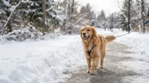 A Golden Retriever walking safely on a sidewalk treated with pet-safe ice melt in Vancouver.