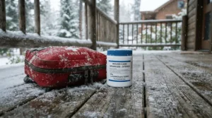 A pet first aid kit next to a jug of pet-safe ice melt on a wooden porch in Calgary.