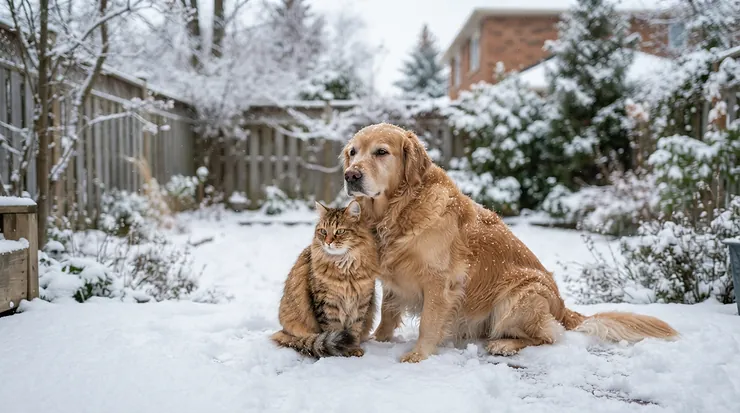 Both a cat and dog playing in a snowy backyard protected by pet-safe ice melt.