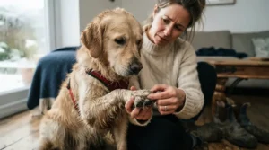 Checking a dog's paws after a snowy walk, thanking pet-safe ice melt for preventing irritation.
