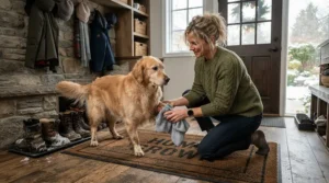 Cleaning a dog's paws with wipes after using pet-safe ice melt on the path.