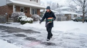 A homeowner spreading pet-safe ice melt on a frosty Toronto driveway during a Canadian snowstorm.