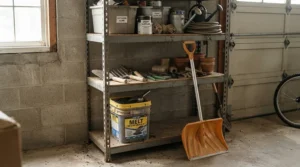 Storing a bucket of pet-safe ice melt safely on a shelf in a garage or shed.