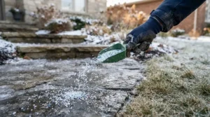 Applying safe eco-friendly ice melt along a walkway adjacent to a snow-covered suburban lawn
